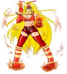  abs blaziken blonde_hair boots breasts cleavage female fire flame full_body gijinka green_eyes large_breasts long_hair moemon muscle muscular_female navel personification pokemon pokemon_(game) shorts smile solo thighhighs underboob very_long_hair white_background 