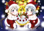  absurdres animal_ears blush bottomless cake christmas eila_ilmatar_juutilainen food fruit green_eyes hat highres ikeda_hitomi long_hair mashiko_noriko multiple_girls non-web_source onoda_masahito panties purple_eyes santa_costume santa_hat sanya_v_litvyak short_hair silver_hair smile strawberry strike_witches tail underwear world_witches_series 