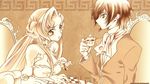  board_game breasts brother_and_sister chess cleavage code_geass cup euphemia_li_britannia highres iyou lelouch_lamperouge sepia siblings 