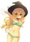  armpits arms_up bikini blonde_hair braid choker flat_chest hanao_(kuma-tan_flash!) hat kirisame_marisa long_hair mushroom navel solo swimsuit touhou witch_hat yellow_eyes 