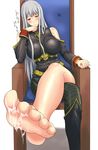  1girl bare_shoulders barefoot big_breasts blush breasts chair crossed_legs cum cum_on_body cum_on_feet cum_on_foot cum_on_lower_body feet female highres large_breasts legs_crossed long_hair military military_uniform pantyhose red_eyes selvaria_bles senjou_no_valkyria senjou_no_valkyria_1 silver_hair sitting solo uniform white_background 