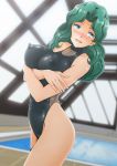  1girl bishoujo_senshi_sailor_moon blush breasts cameltoe covered_navel erect_nipples green_eyes green_hair groin kaiou_michiru large_breasts looking_at_viewer nanashi_noiji navel sailor_neptune smile solo swimsuit swimwear 