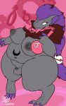  10:16 2022 after_transformation anthro areola balls belly belly_tattoo big_breasts biped breasts crossgender fan_character female_symbol flaccid front_view fur gender_symbol gender_transformation generation_5_pokemon genitals grey_areola grey_body grey_fur grey_nipples gynomorph hair hi_res intersex intersex_symbol mtg_crossgender mtg_transformation mti_crossgender mti_transformation navel nintendo nipples nude overweight penis pink_background pokeball pokemon pokemon_(species) potion potion_bottle premier_ball purple_hair shamelesss shiny_pokemon simple_background small_penis solo symbol tattoo thick_thighs transformation video_games wide_hips zor_(nya4) zoroark 