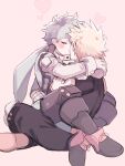  2boys bakugou_katsuki black_footwear blonde_hair blush bodysuit boku_no_hero_academia boots closed_eyes commentary freckles full_body gloves green_bodysuit green_hair heart highres hooded_bodysuit hug indian_style kiss knee_pads male_focus midoriya_izuku multiple_boys nugunasutu pink_background short_hair simple_background sitting sitting_on_lap sitting_on_person spiked_hair straddling white_gloves yaoi 