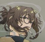  1girl bangs black_eyes black_sweater brown_hair brown_jacket cigarette commentary folded_ponytail from_below grey_background half-closed_eyes highres jacket looking_at_viewer portrait round_eyewear sidelocks smoke smoking solo sw_8a6u sweater turtleneck turtleneck_sweater uguisu_anko yofukashi_no_uta 