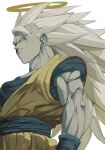  1boy closed_mouth dougi dragon_ball dragon_ball_z halo highres long_hair looking_down male_focus mire1931 no_eyebrows sash serious simple_background solo son_goku spiked_hair super_saiyan super_saiyan_3 white_background 