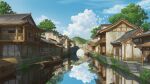  absurdres arch architecture blue_sky boat bridge building cloud cobblestone day east_asian_architecture highres house mountain no_humans original outdoors reflection reflective_water river scenery sky stairs town tree water watercraft xingzhi_lv 