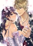  1boy 1girl artist_name back bare_shoulders blonde_hair blurry blurry_foreground blush bow breasts brown_eyes brown_hair detached_sleeves dress falling_petals fur-trimmed_jacket fur-trimmed_sleeves fur_collar fur_trim hair_bow hetero highres jacket jewelry large_breasts long_hair long_sleeves looking_at_viewer necklace open_mouth original parted_lips petals purple_bow sideboob signature simple_background smile suihei_sen sweatdrop upper_body white_background yellow_eyes 