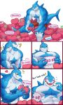  &lt;3 absurd_res anthro blue_body blue_eyes blue_markings chest_markings claws countershade_face countershade_torso countershading dorsal_fin english_text eyes_closed fin fish hi_res male marine markings muscular muscular_anthro muscular_male open_mouth shark solo star_(marking) tail_fin tatae_(tetae) tetae text white_body white_countershading yellow_sclera 