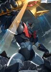  cloud cloudy_sky gamiani_zero highres lightning looking_at_viewer mazinger_(series) mazinkaiser mazinkaiser_(robot) mecha mountain no_humans open_hand robot science_fiction shiny sky solo super_robot yellow_eyes 