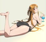  1girl ass asuna_(sao) bikini black_bikini bracelet braid brown_eyes brown_hair cup drinking_glass drinking_straw feet_up jewelry long_hair looking_at_viewer looking_back lying on_stomach puge short_ponytail side-tie_bikini_bottom simple_background solo swimsuit sword_art_online toes 