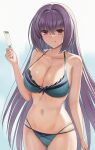  1girl arm_at_side bikini breasts closed_mouth collarbone fate/grand_order fate_(series) food green_bikini hand_up highres higofushi holding holding_food large_breasts licking_lips long_hair navel popsicle purple_hair red_eyes scathach_(fate) scathach_skadi_(swimsuit_ruler)_(fate) skindentation solo stomach swimsuit tongue tongue_out very_long_hair 