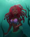  1girl ariel_(disney) artist_name bangs bare_shoulders breasts cleavage colored_skin dark-skinned_female dark_skin deanne_go green_skin grin highres large_breasts long_hair looking_up mermaid monster_girl navel red_hair sitting smile solo teeth the_little_mermaid the_little_mermaid_(2023) underwater 