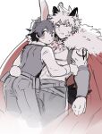  2boys animal_ears bakugou_katsuki belt blush boku_no_hero_academia cape closed_mouth commentary cowboy_shot earrings extra_ears fang freckles frown fur-trimmed_cape fur_trim highres hug jewelry kemonomimi_mode limited_palette long_sleeves looking_at_viewer male_focus midoriya_izuku multiple_boys necklace nugunasutu official_alternate_costume open_mouth pants pectorals rabbit_boy rabbit_ears rabbit_tail red_cape shirt short_hair shoulder_tattoo simple_background sketch spiked_hair standing tail tattoo topless_male vest white_background wolf_boy wolf_ears wolf_tail yaoi 