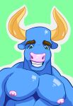  absurd_res anthro bovid bovine cattle erect_nipples glistening glistening_body hi_res horn male mammal muscular muscular_male nipples pecs smile smiling_at_viewer solo thathorseclyde 