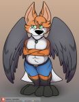 abs anthro canid canine canis clothing digital_media_(artwork) foxball fur hair hi_res hybrid looking_at_viewer lying male mammal muscular muscular_anthro muscular_male on_front orange_body orange_fur ozone_griffox pecs simple_background smile solo standing video_games white_body white_fur wings 