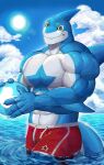  absurd_res anthro ball blue_body blue_eyes blue_markings chest_markings claws clothed clothing cloud countershade_face countershade_torso countershading dorsal_fin fin fish hi_res holding_ball holding_object looking_at_viewer male marine markings muscular muscular_anthro muscular_male partially_submerged red_clothing red_swimwear shark smile smiling_at_viewer solo star_(marking) sun swimwear tatae_(tetae) tetae twitter_logo white_body white_countershading yellow_sclera 