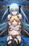  2girls animal_ears bangs bare_shoulders blonde_hair blue_eyes blue_hair blush bow breasts bridal_gauntlets fate_(series) fishnet_gloves fishnets garter_straps gloves green_eyes hair_bow highres long_hair looking_at_viewer mordred_(fate) morgan_le_fay_(fate) multiple_girls navel open_mouth sidelocks small_breasts tail thighhighs thighs tonee 