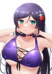  1girl :o adjusting_clothes adjusting_swimsuit aqua_eyes bangs bikini blush breasts choker cleavage cross-laced_bikini cross-laced_clothes embarrassed flower front-tie_bikini_top front-tie_top hair_down hair_flower hair_ornament hairclip halterneck highres kooei large_breasts long_hair looking_at_viewer love_live! love_live!_school_idol_project parted_bangs parted_lips purple_background purple_choker purple_hair simple_background solo swept_bangs swimsuit toujou_nozomi upper_body white_background 
