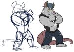  anthro biped bottomwear brok_the_investigator clothing glassesgator grey_body hi_res humanoid_hands male mammal murid murine official_art pants rat rodent simple_background sketch solo squealers_chief video_games 