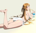  1girl ass asuna_(sao) bikini bracelet braid brown_eyes brown_hair cup drinking_glass drinking_straw feet_up jewelry long_hair looking_at_viewer looking_back lying on_stomach puge short_ponytail side-tie_bikini_bottom simple_background solo swimsuit sword_art_online toes white_bikini 