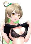  1girl :p black_bra black_shirt bow bra brown_hair collarbone dot_nose green_bow green_hair hair_bow highres kooei lace-trimmed_bra lace_trim lifted_by_self long_hair looking_at_viewer original shadow shirt simple_background solo string_bra tongue tongue_out two_side_up underwear upper_body white_background yellow_eyes 