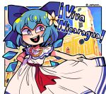  1girl ashyzzz bangs blue_eyes blue_hair cirno dress earrings fairy_wings flower granada_(nicaragua) hair_flower hair_ornament highres ice ice_wings jewelry necklace nicaragua red_sash sash short_hair smile solo spanish_commentary spanish_text touhou white_dress wings 