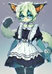  2022 4_fingers anthro apron blush bodily_fluids claws clothing collarbone digital_media_(artwork) domestic_cat dress ear_tuft felid feline felis fingers fur gender_symbol girly green_body green_eyes green_fur green_hair hair hi_res inner_ear_fluff long_tail maid_uniform male male_symbol mammal multicolored_body multicolored_fur orange_body orange_fur pink_nose ribbons short_hair standing swaybat sweat sweatdrop symbol tuft uniform yellow_inner_ear 