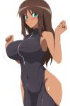  1girl alice_gear_aegis blush bodysuit breasts brown_hair covered_navel covered_nipples cowboy_shot dark-skinned_female dark_skin fe_(umenomiya_tekkousho) green_eyes highres hip_vent kaneshiya_sitara large_breasts long_hair looking_at_viewer sleeveless smile solo 