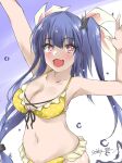  1girl alternate_costume bikini blue_hair breasts cowboy_shot frilled_bikini frills gakky hair_ribbon i-19_(kancolle) kantai_collection large_breasts long_hair looking_at_viewer one-hour_drawing_challenge polka_dot polka_dot_bikini red_eyes ribbon solo star-shaped_pupils star_(symbol) swimsuit symbol-shaped_pupils tri_tails yellow_bikini 