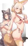  2girls :/ absurdres alternate_breast_size animal_ear_fluff animal_ears arm_at_side ass bangs bikini bikini_pull black_hair blonde_hair blurry blurry_background border breasts brown_hair closed_mouth clothes_pull common_raccoon_(kemono_friends) extra_ears fennec_(kemono_friends) fox_ears fox_girl fox_tail fur_cuffs grey_hair grin halterneck hand_up highres iparupua kemono_friends large_breasts medium_breasts medium_hair micro_bikini multicolored_hair multiple_girls navel outside_border pulled_by_self purple_bikini raccoon_ears raccoon_girl raccoon_tail red_bikini side-tie_bikini_bottom sidelocks smile solo_focus stomach strap_gap strap_pull striped_tail swimsuit tail thighhighs twisted_torso unaligned_breasts white_border white_hair 