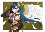  1girl angel_wings blue_hair breasts cleavage closed_mouth detached_sleeves earrings fingerless_gloves gloves green_eyes jewelry long_hair looking_at_viewer maria_traydor smile solo star_ocean star_ocean_till_the_end_of_time umaguti wings 