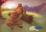  2022 absurd_res anthro balls brown_body detailed_background duo erection eyewear father_bear genitals glasses grandfather_bear hi_res little_bear male male/male mammal moobs nipples oral outside overweight overweight_male penis sex sitting themorghull ursid 
