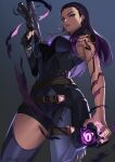  1girl absurdres bare_shoulders breasts earrings from_below highres jewelry kagematsuri large_breasts long_hair looking_at_viewer nail_polish parted_lips purple_eyes purple_hair purple_nails reyna_(valorant) simple_background smile thigh_strap valorant weapon 