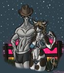  alien alien_humanoid anthro athletic athletic_male black_eyes blonde_hair blue_eyes bovid bovine boxers_(clothing) bra breast_grab breasts brown_body cattle clothing cowboy_hat duo female fence grey_body hair hand_in_underwear hand_on_breast hat headgear headwear horn humanoid larger_male male male/female mammal multicolored_body navel nipple_outline pubes raised_arm roswell_grey size_difference sky smile spots spotted_body standing star starry_sky sunrise surprised_expression tail_tuft taraelblackwing tuft two_tone_body underwear white_body 