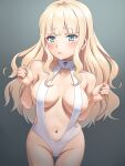  aqua_eyes bangs blonde_hair blunt_bangs blush breasts collarbone commentary_request gradient gradient_background grey_background highres large_breasts long_hair looking_at_viewer meow_(nekodenki) navel open_mouth original slingshot_swimsuit swimsuit thigh_gap thighs white_one-piece_swimsuit 
