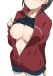  after_fellatio black_hair black_shirt black_shorts blush breasts breasts_out clothes_lift cum cum_in_mouth cum_on_body cum_on_breasts facial head_out_of_frame highres jacket kirigaya_suguha large_breasts morisobo nipples partially_unzipped red_jacket shirt shirt_lift short_hair short_shorts shorts sweat sword_art_online 