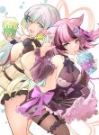  2girls :d animal_ears aqua_eyes asaikeu backless_dress backless_outfit bow breasts cupitan_(granblue_fantasy) detached_sleeves dress drink drinking earrings erune eyelashes floppy_ears garter_straps granblue_fantasy hair_bow hair_ornament hands_up highres holding holding_drink jewelry large_breasts long_hair looking_at_another manamel_(granblue_fantasy) medium_hair multicolored_hair multiple_girls pink_hair sleeves_past_wrists smile teeth 