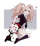  black_body blonde_hair blue_eyes bottomwear clothing danganronpa diaper facesitting female footwear group hair human junko_enoshima knee_highs knee_socks legwear looking_back male mammal merunyaa miniskirt monokuma multicolored_body pigtails simple_background skirt smile socks tongue tongue_out trio two_tone_body ursid white_body 