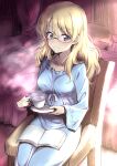 1girl bed blonde_hair blue_eyes blue_pajamas book breasts chair cleavage cup darjeeling_(girls_und_panzer) girls_und_panzer glasses highres holding holding_cup long_sleeves looking_at_viewer medium_breasts medium_hair nakahira_guy on_chair pajamas sitting smile solo teacup 