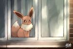  ambiguous_gender beady_eyes brown_body brown_fur chest_tuft dipstick_tail eevee feral fur generation_1_pokemon glide hi_res looking_through looking_through_window markings nintendo pokemon pokemon_(species) sitting solo tail_markings tuft video_games window 