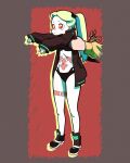  1girl artificial_eye carrying colored_sclera cyberpunk_edgerunners cyborg full_body gbhering green_hair highres leg_tattoo longcat_(meme) mechanical_eye meme outstretched_arms petite rebecca_(cyberpunk_edgerunners) red_eyes red_sclera samurai_jacket_(cyberpunk_2077) shoes solo_focus stomach_tattoo tattoo twintails 