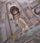  1girl animal ball bangs barefoot bathroom brown_hair dress highres laundry laundry_basket mouse nervous original pink_dress rubber_duck shinanashina solo squatting toenails toes towel weighing_scale 