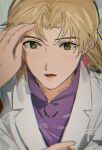  1girl akagi_ritsuko biiko_(king1015g) blonde_hair earrings green_eyes grey_background hand_in_another&#039;s_hair highres jacket jewelry katsuragi_misato labcoat light_blush medium_hair mole mole_under_eye neon_genesis_evangelion purple_shirt red_jacket red_lips shirt solo 