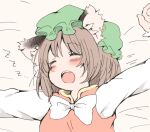  1girl :o animal_ears blush bow bowtie breasts brown_hair cat_ears chen closed_eyes earrings hat jewelry nanana_(chicken_union) open_mouth outstretched_arms sleeping small_breasts solo_focus teeth touhou upper_body upper_teeth white_bow white_bowtie 