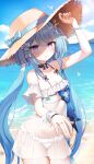  1girl absurdres arm_up bangs bare_shoulders bikini blue_bow blue_hair blue_sky bow bracelet breasts brown_headwear cleavage cloud commentary_request day frilled_bikini frills griseo hat hat_bow highres honkai_(series) honkai_impact_3rd horizon jehyun jewelry long_hair looking_at_viewer ocean outdoors parted_lips pearl_bracelet purple_eyes sky small_breasts solo straw_hat swimsuit very_long_hair water 
