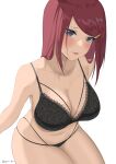  1girl absurdres black_bra black_panties blue_eyes blush bra breasts byeon cleavage collarbone hair_ornament hairclip highres lace-trimmed_bra lace_trim large_breasts lips long_hair looking_at_viewer mature_female naruto naruto_(series) naruto_shippuuden panties parted_lips raised_eyebrows red_hair simple_background sitting solo straight_hair twitter_username underwear underwear_only uzumaki_kushina white_background 