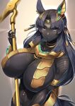  1girl animal_ears areola_slip bangs black_hair black_skin breasts cleavage closed_mouth colored_skin dark_areolae dark_skin egyptian_clothes green_eyes hair_ornament hassen_(8cm) highres large_breasts long_hair looking_at_viewer original parted_bangs sideboob solo 