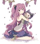  1girl animal_ears back bare_arms bare_legs bare_shoulders blush commentary food food-themed_hair_ornament fruit grape_hair_ornament grape_vine grapes green_footwear hair_ornament high_heels highres hug kneeling long_hair looking_at_viewer original parted_lips purple_eyes purple_hair purple_skirt shirt skirt symbol-only_commentary tail tsukiyo_(skymint) twintails very_long_hair white_shirt 