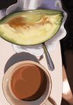  avocado close-up coffee coffee_mug cognacbear commentary cup highres mug no_humans original plate spoon still_life symbol-only_commentary 